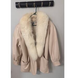 Vintage j percy for Marvin Richards leather coat cream w white fur collar Large